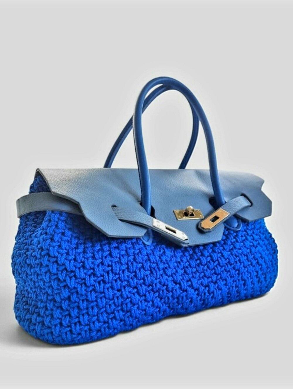 Lrg Handmade Crochet Satchel Royal Blue Monochrome Top Handle Arm Bag Flap Large